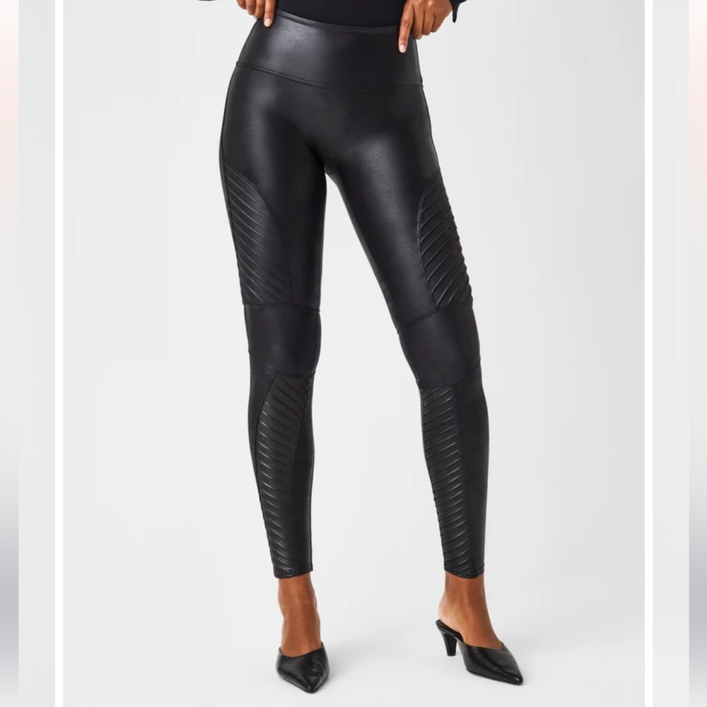 SPANX Black Metallic Faux Leather Moto Leggings (size Medium)